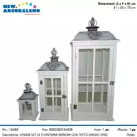 Foto articolo dell\'articolo SET 3 PZ LANTERNA BIANCA IN LEGNO CON TETTO IN METALLO GRIGIO CAS408